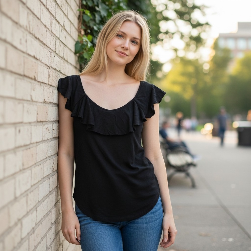 Free People Black Ruffle Off The Shoulder Ribbed Knit Top XS